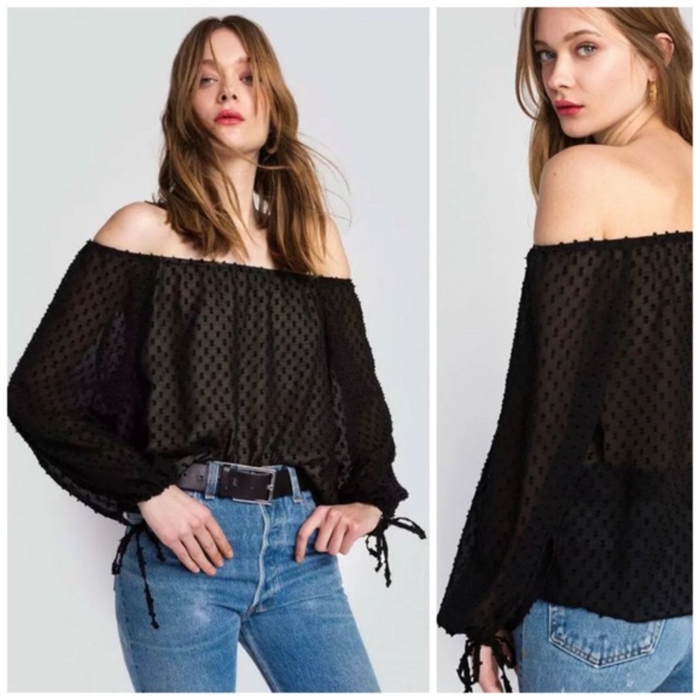 Wildfox black Miami Off Shoulder Swiss Dot Blouse